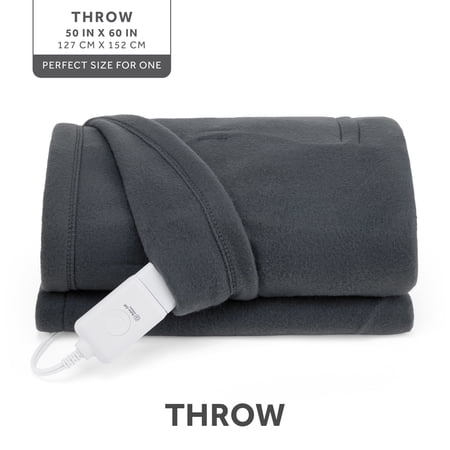 SUNBEAM ELECTRIC HEATED THROW BLANKET GRAY FLEECE 4 HEAT SETTINGS, 50X60