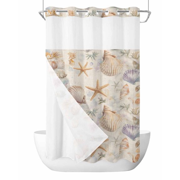 No Hook Shower Curtain with Snap-in Liner, Coastal Shell Conch Waterproof Fabric Bathroom Curtains, Summer Beach Starfish Burlap Bath Curtains & Mesh Top Window Stand Up Stall 36"x72"