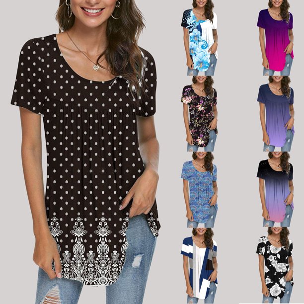 Fiudx Ofertas de La Semana Blusa Holgada de Manga Corta con Cuello Redondo Informal Estampada a La Moda para Mujer