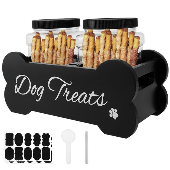 NUAHRHY Dog Treat Container with 2 Plastic Treat Jars Wood Dog Food Container Bone Shape Dog Food Storage Container Practical Cat Food Container for Dog Food Storage Black