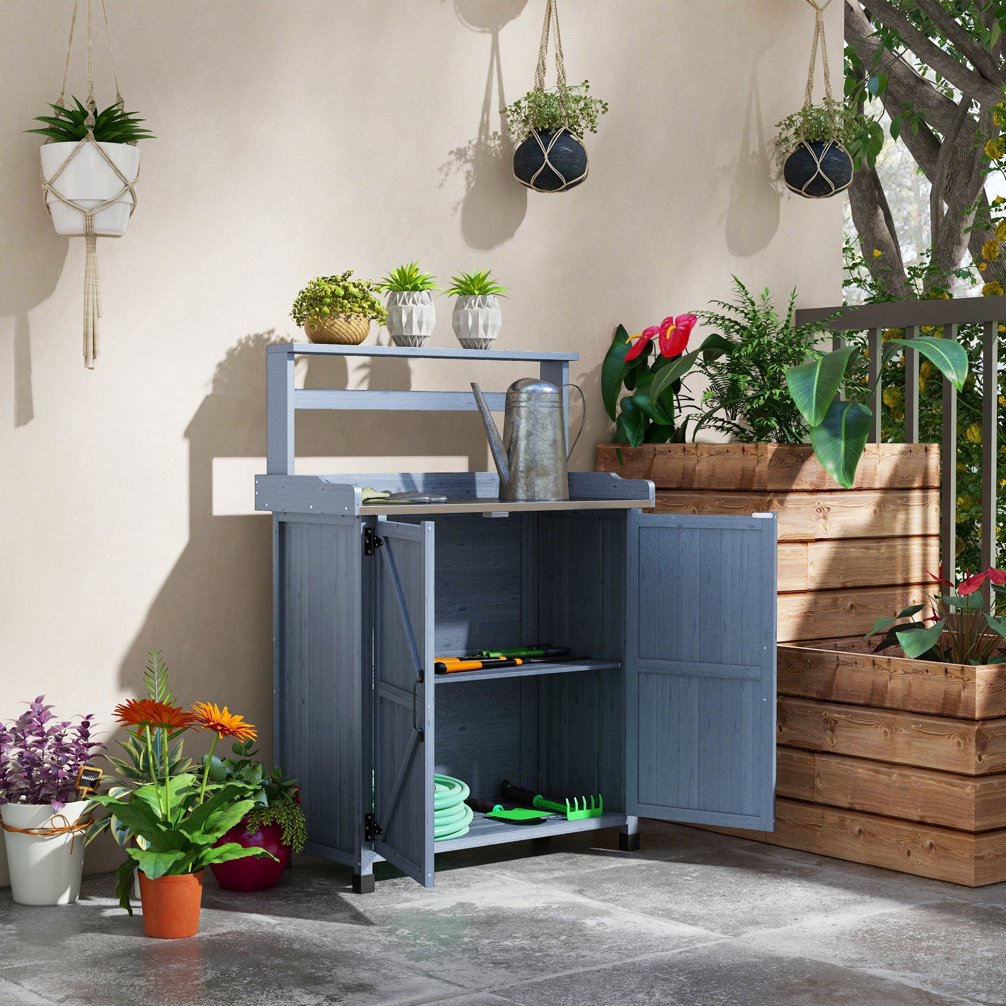 Potting Bench, Outdoor Wooden Potting Table with Storage Cabinet with 2 Shelves, Garden Work Bench with Galvanized Plated Tabletop for Backyard, Balcony, Gray