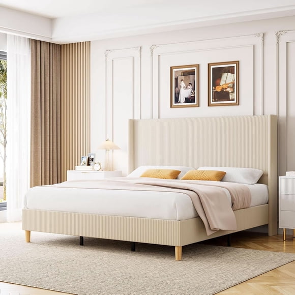 Eastvita Queen - Size Corduroy Upholstered Bed Frame with 51-inch Tall Wingback Headboard/Wooden Slats/Noise - Free/No Box Spring Needed (Beige)