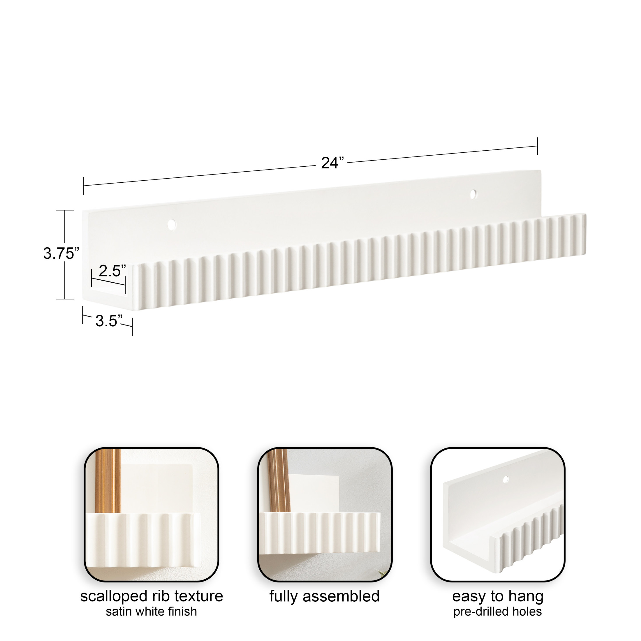 Kate and Laurel Furrow Modern Wood Photo Display Ledges, Set of 2, 24 Inches, White, Scalloped Floating Picture Ledge Shelf Set with Lip for Use as Nursery Book Shelves or Gallery Wall Decor