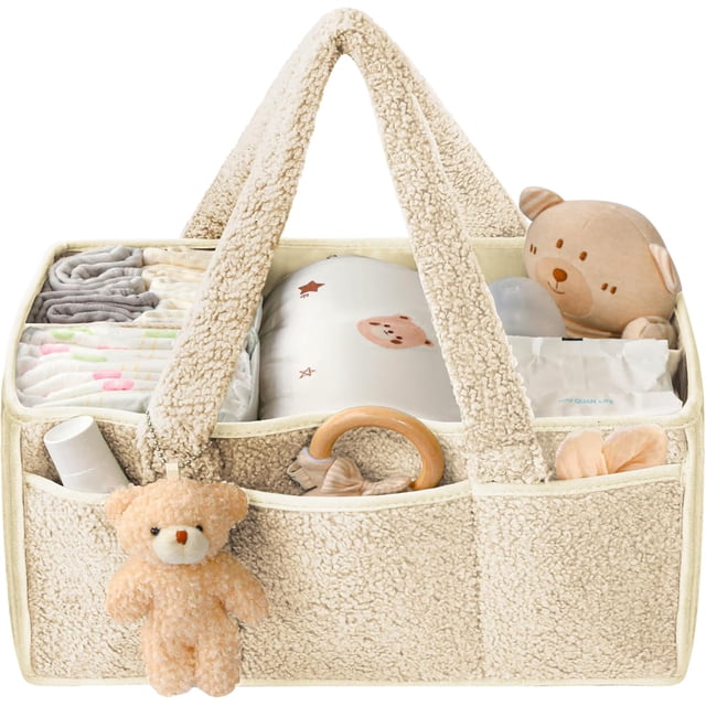 Diaper Caddy Organizer with Handle - Portable Baby Essentials Basket for Changing Table, Nursery & Travel | Diaper Storage Organizer for Newborns & Infants (Beige)
