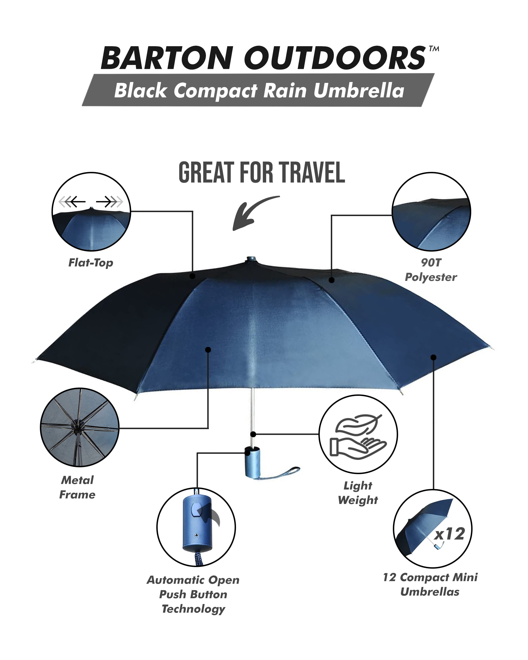 Barton Outdoors Compact Black Rain Umbrella, Pack of 12