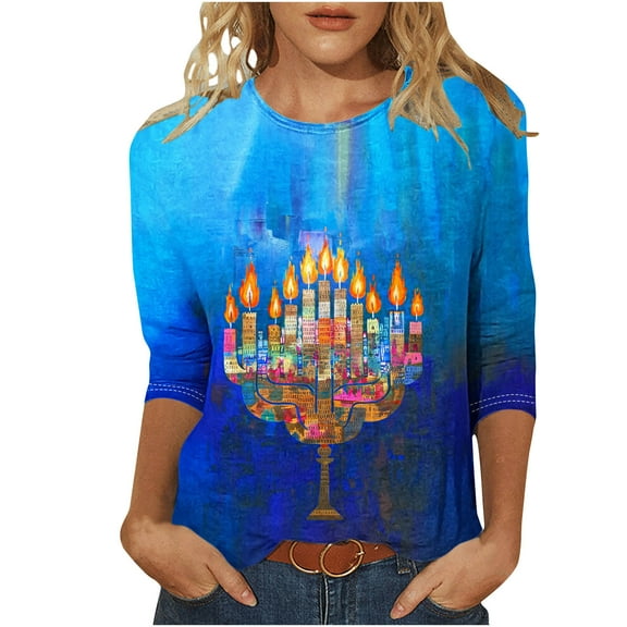 successthop Hanukkah Clothing Women Candle Happy Festival Plus Size Oversized Blouse Lightweight 3/4 Sleeve Shirt