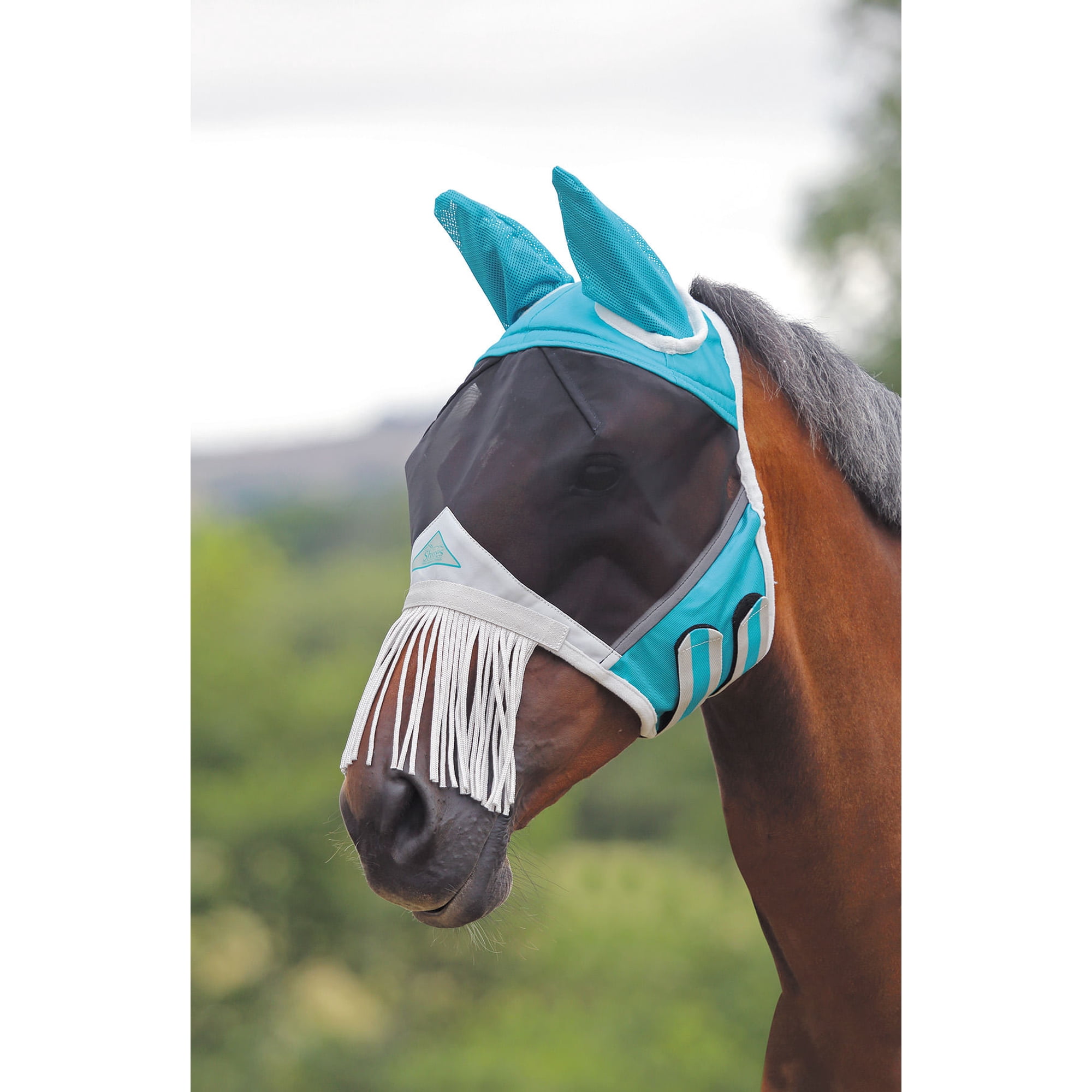 Shires Equestrian Fine Mesh Fly Mask with Nose Fringe Teal COB