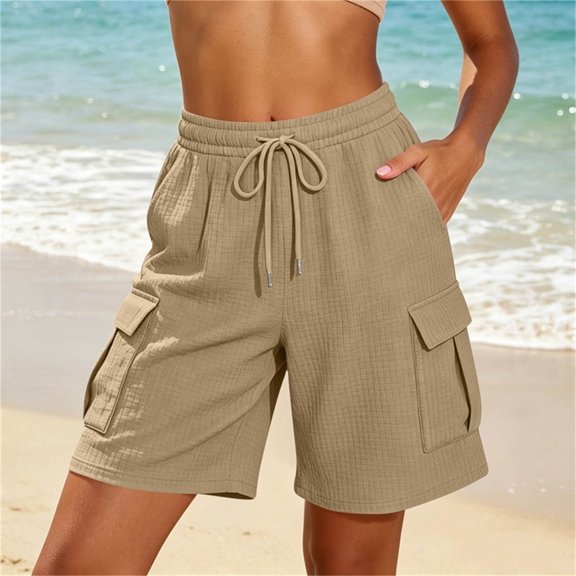BADHUB Women Cargo Shorts with Multi Pockets Elastic Waist Drawstring Comfy Outdoor Bermuda with Pockets Khaki XXL