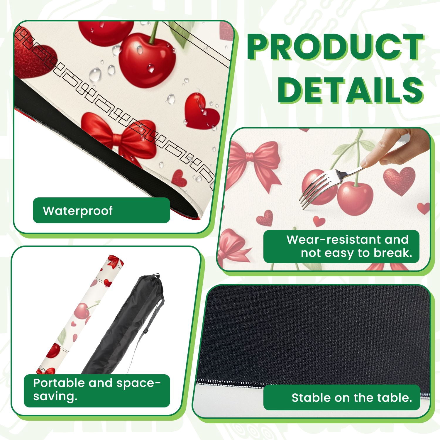 Mahjong Mat 31.5" x 31.5" Red Cherries Hearts Bows Cream Non-Slip Noise Reduction American Mahjong Tiles Table Cover for Dominoes Poker Card Board Games Gift