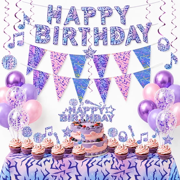 77 Pcs Purple Music Birthday Party Decorations Kit with Tiger Stripe Banner, Balloons, Table Cover, Cake Topper and Cupcake Toppers