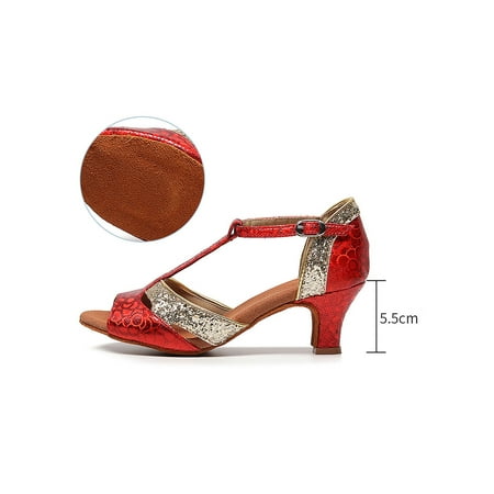 

Lacyhop Ladies Dance Shoes T-Strap Heeled Sandal Mid Heel Sandals Party Lightweight Chunky Heels Fashion Peep Toe Jazz Shoe Red Gold Faux Fur Bottom 6.5