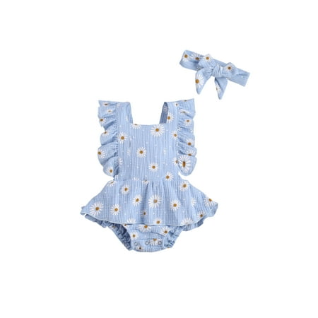 

Suanret Newborn Baby Girls Bodysuit Sunflowers Print Ruffles Short Sleeve Backless Belt Jumpsuits Headband 2pcs Set Blue 6-12 Months