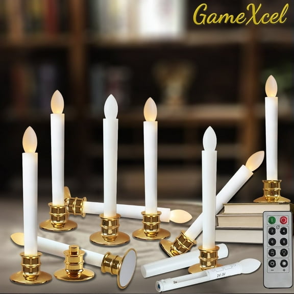 Gamexcel Flameless Candles, Gold Base, LED Window Candles with Remote and Timer, 10 Count