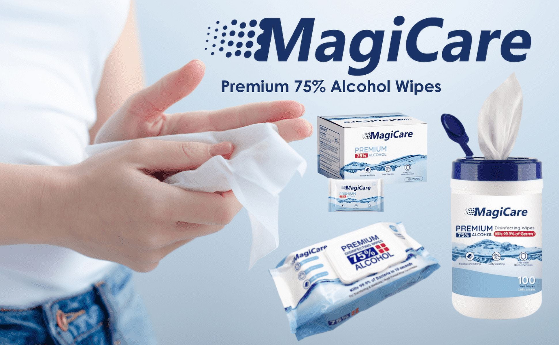 MagiCare Hand Sanitizer Wipes, Unscented, 75% Alcohol, Large Wipes - 10 Travel Packs (20ct Each, 200ct) - Travel Bag, Car, Camping