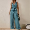 thumbnail image 2 of Women's Formal Jumpsuits, Belted Wide Leg Jumpsuit, Summer Sleeveless Wrap V-Neck Long Romper Beach Vacation One-Piece Summer Outfits Fashion Overalls New Light Blue M, 2 of 5
