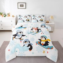 Homewish Children Boys Girls Kawaii Animal Penguins Bedding Comforter Set 2pcs,Winter Sport Twin Comforter Sets Microfiber,Cartoon Blue Snowflakes Breathable Bedding Set,Ultra Soft Home Decor