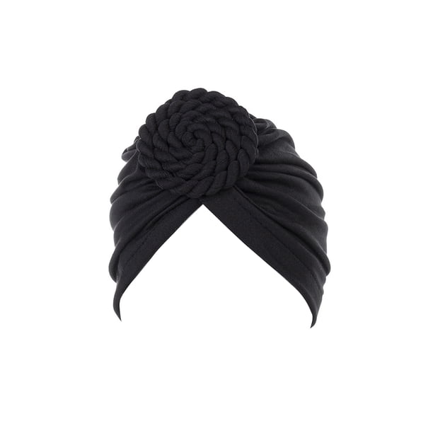 Minnieouse Turbante tejido nudo estilo étnico musulmán Hijab sombrero Donut cubierta diadema gorras Bonnet decoración del cabello para mujeres Sombreros Negro Minnieouse AP011270-03B