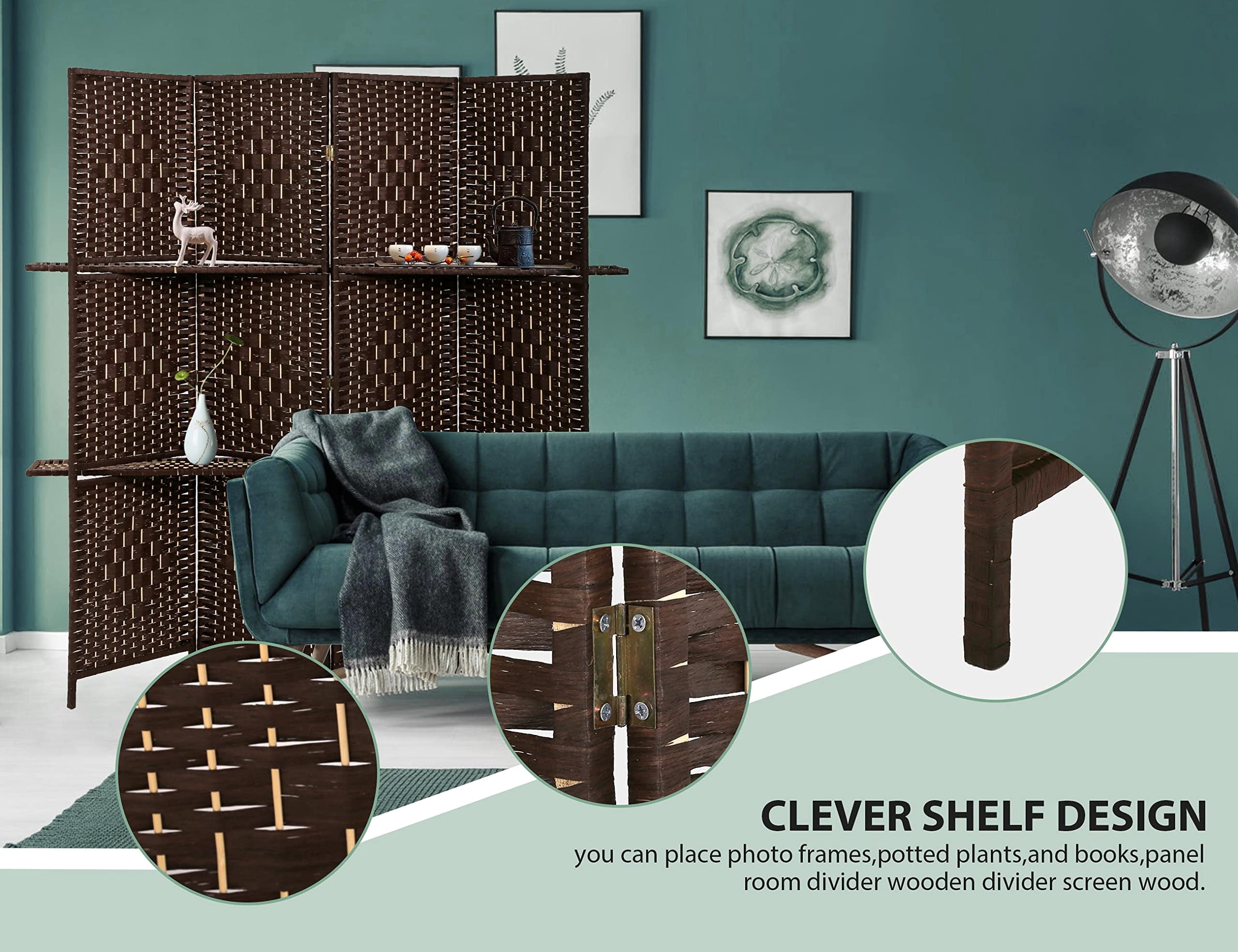 CL.HPAHKL 4 Panel Folding Wooden Room Divider, 5.88ft Tall Partition Screen with Removable Storage Shelves, Freestanding Portable Wall for Home Office Dorm Hotel, Brown