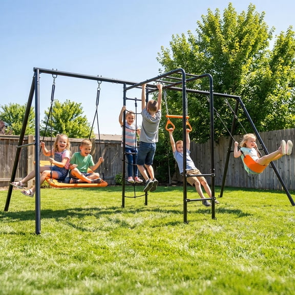 KloKick Heavy-Duty Metal Swing Set for Backyard, Outdoor Playset with Monkey Bars, Belt Swing, Platform Swing, Climbing Net, Trapeze Bar, for Kids 3-12(Black)