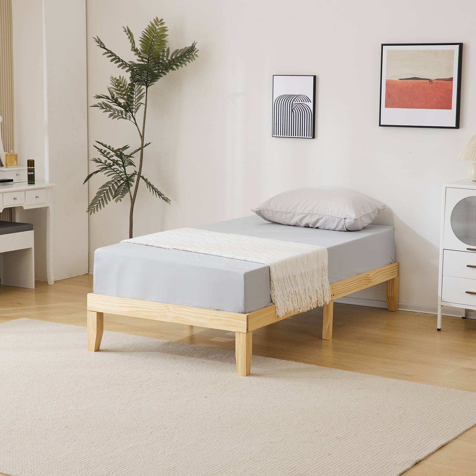 Twin Basic Bed Frame Pine Wood Painted Surface Bed Single Bed, 74.41*37.99*12in Wood