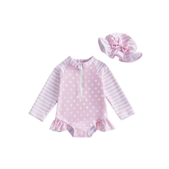 BemeyourBBs Toddler Baby Girl Swimsuit Infant Bathing Suit One Piece Swimsuits with Sun Hat Set Long Sleeve Rash Guard Swimwear Striped Dot Zipper Summer Beach Wear