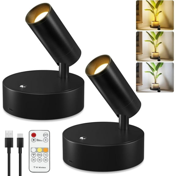 Wireless LED Spotlight, Spot Lights Indoor, Uplighting Indoor with Timer and Dimmable, Rechargeable Wall Lights Picture Light Accent Lighting for Plants (2 Pack)