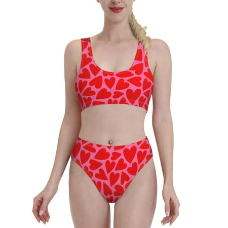 Bixox Red Love Heart Pattern Two-Piece Sports Bikini with U-Shaped Top and High-Waist Bottom - Women s Swimwear with Removable Bra Pads