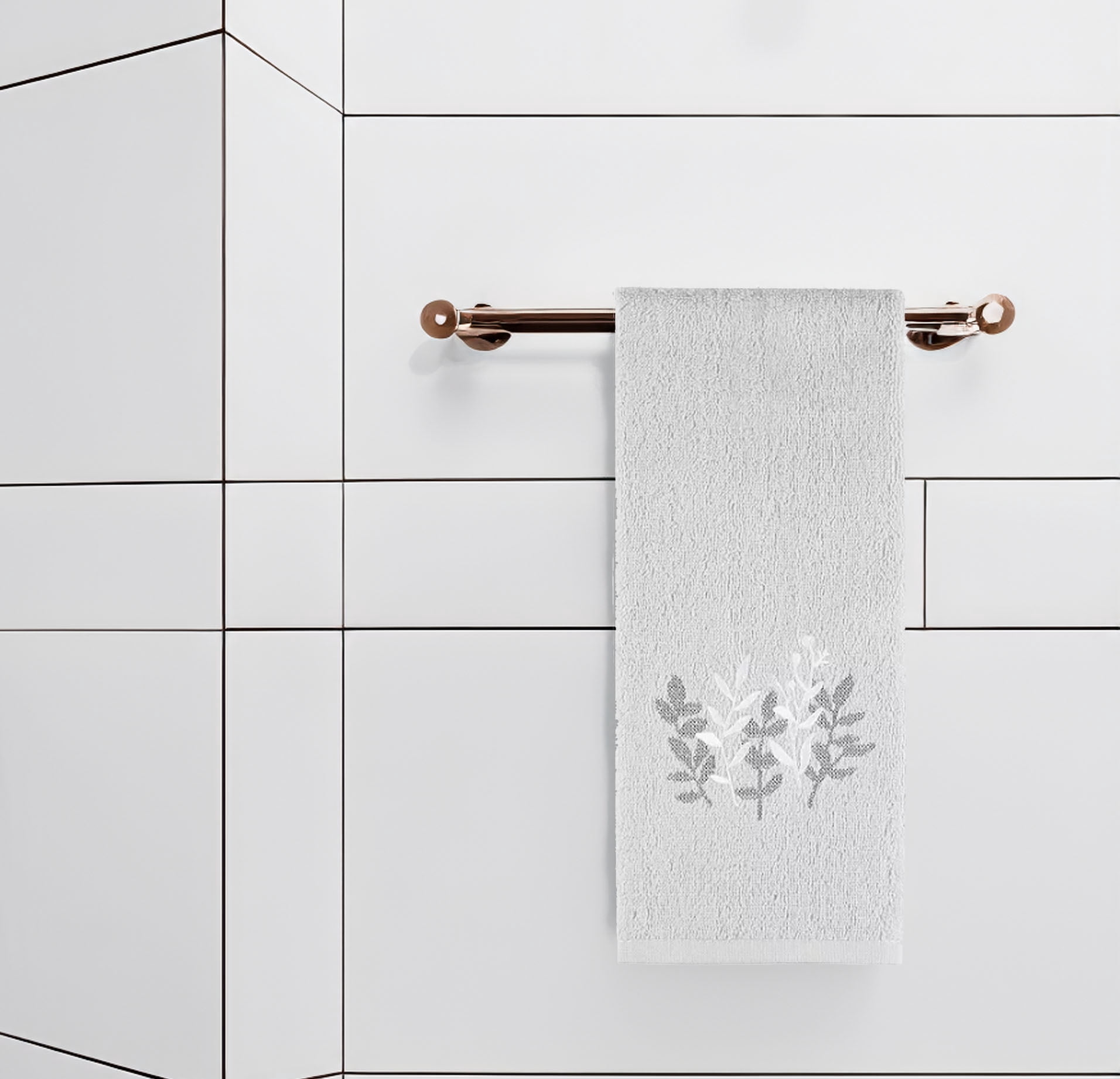 Gray Leaves Bath Hand Towels, 2 Piece, Embroidery Stems Bathroom The Big One