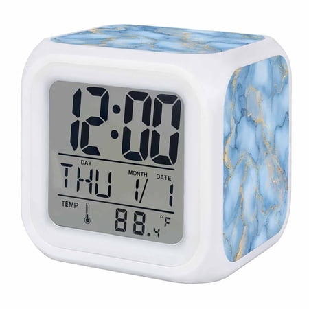Light Blue Marble Digital Alarm Clock for Bedrooms, Smart LED Alarm Clock with 7 Color Changing Night Light, Ink Painting Art Luxury Modern Silent Wake Up Clocks for Sleep Study Cooking 3.2x3.2