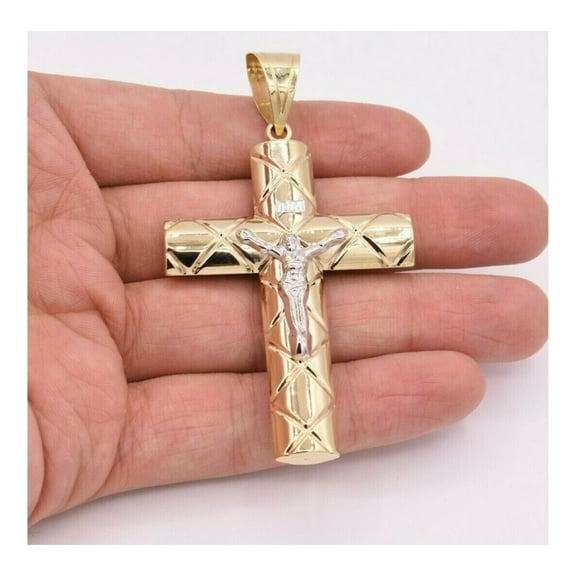 3.25" Diamond-Cut Cross Crucifix Pendant Unisex Adult 10K Yellow White Gold, 6.90 Gr - GOLDUM NYC