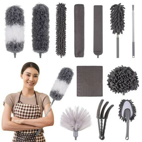 9PCS Microfiber Duster Kit for Cleaning High Ceiling Fan, 30 to 100 Inches Extendable Feather Duster, Reusable Bendable Dusters for Cleaning Ceiling Fan, High Ceiling, Blinds, Furniture, Cars