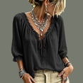thumbnail image 5 of HaCpiu Women's Solid V-Neck Ruffle Blouse, Casual Loose 3/4 Sleeve Tie-Front Tunic Top, Lightweight Flowy Shirt with Elastic Ruffled Cuffs, Black L, 5 of 6