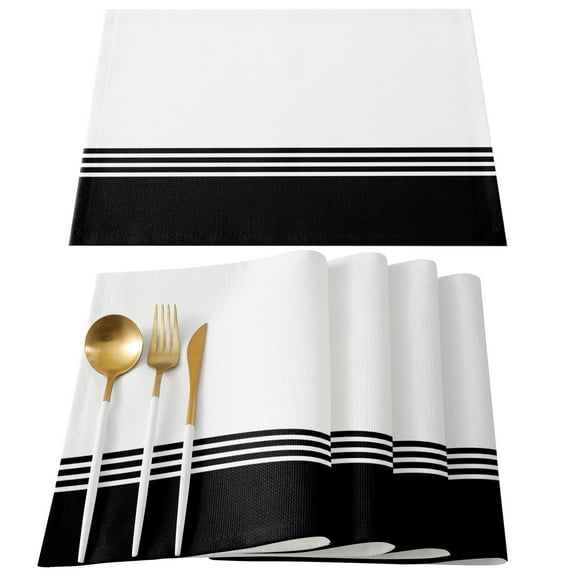 Black White Striped Placemats Set of 6, Modern Abstract Art Aesthetics Placemats for Dining Table, Place Mats for Kitchen Tabletop, Waterproof Wipeable Dining Table Mats Set