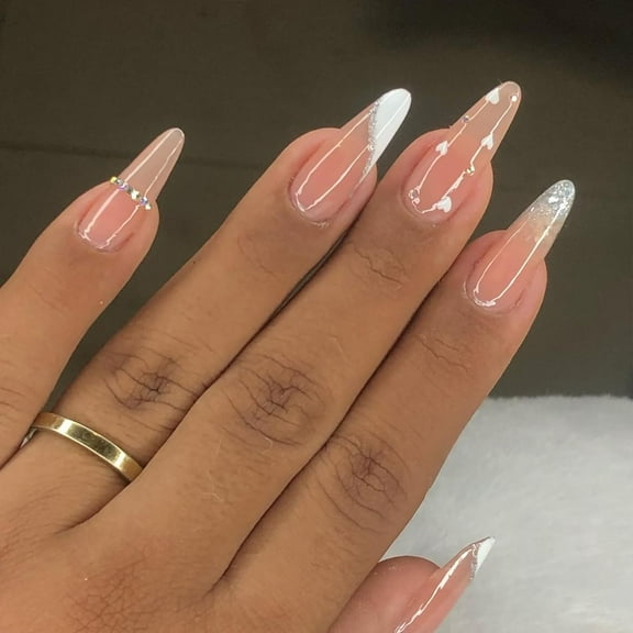 24pcs White Nail Tips Press on Nails Medium Almond Fake Nails Cute False Nails Pearl Full Stick on Nails Cover Artificial Glue on Nails Bow Nail Charms with Glitter Design for Women Acrylic Manicure