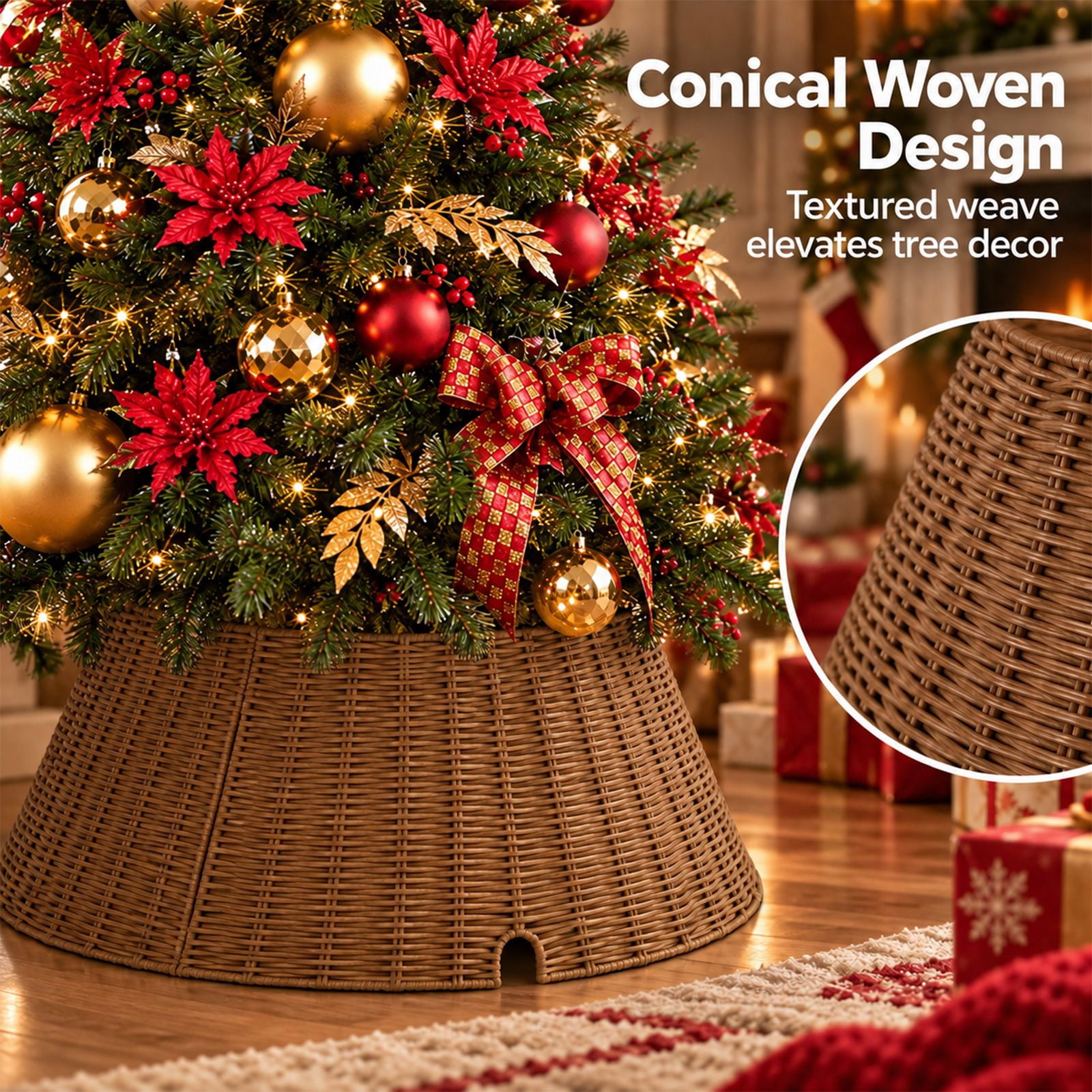 Alvantor Water Hyacinth Christmas Tree Collar, Woven Base Cover, Brown, 19.69 x 27.17 x 10.24 in