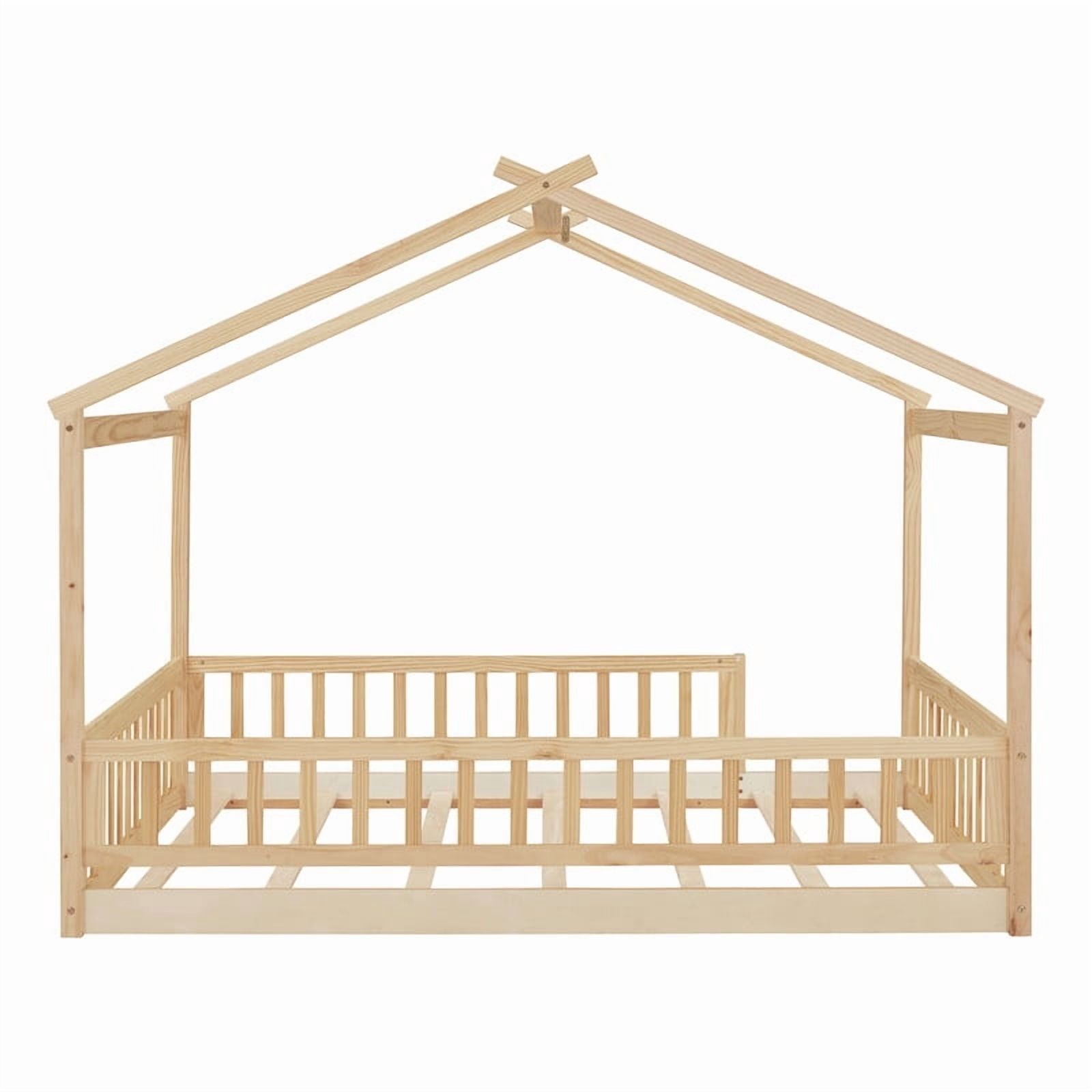 Full Size Wood House Bed with Fence and Roof Frame, Kids Floor Montessori Bed with Safety Guardrails, Sturdy Pinewood Playhouse Bed for Boys Girls