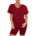 thumbnail image 3 of Ensemble Deux Pièces pour Femmes Manches Courtes Col en V Shorts de Cycliste (Rouge, TG), 3 of 6