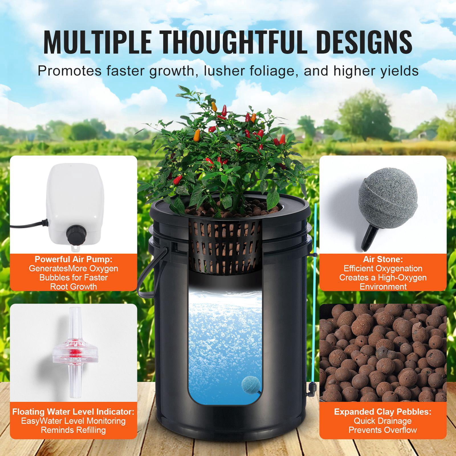 DWC Hydroponic System 5 Gallon Deep Water Double Tank with Top Drip Irrigation Kit Air Pump Air Stone Water Level Indicator for Leafy Green Vegetables