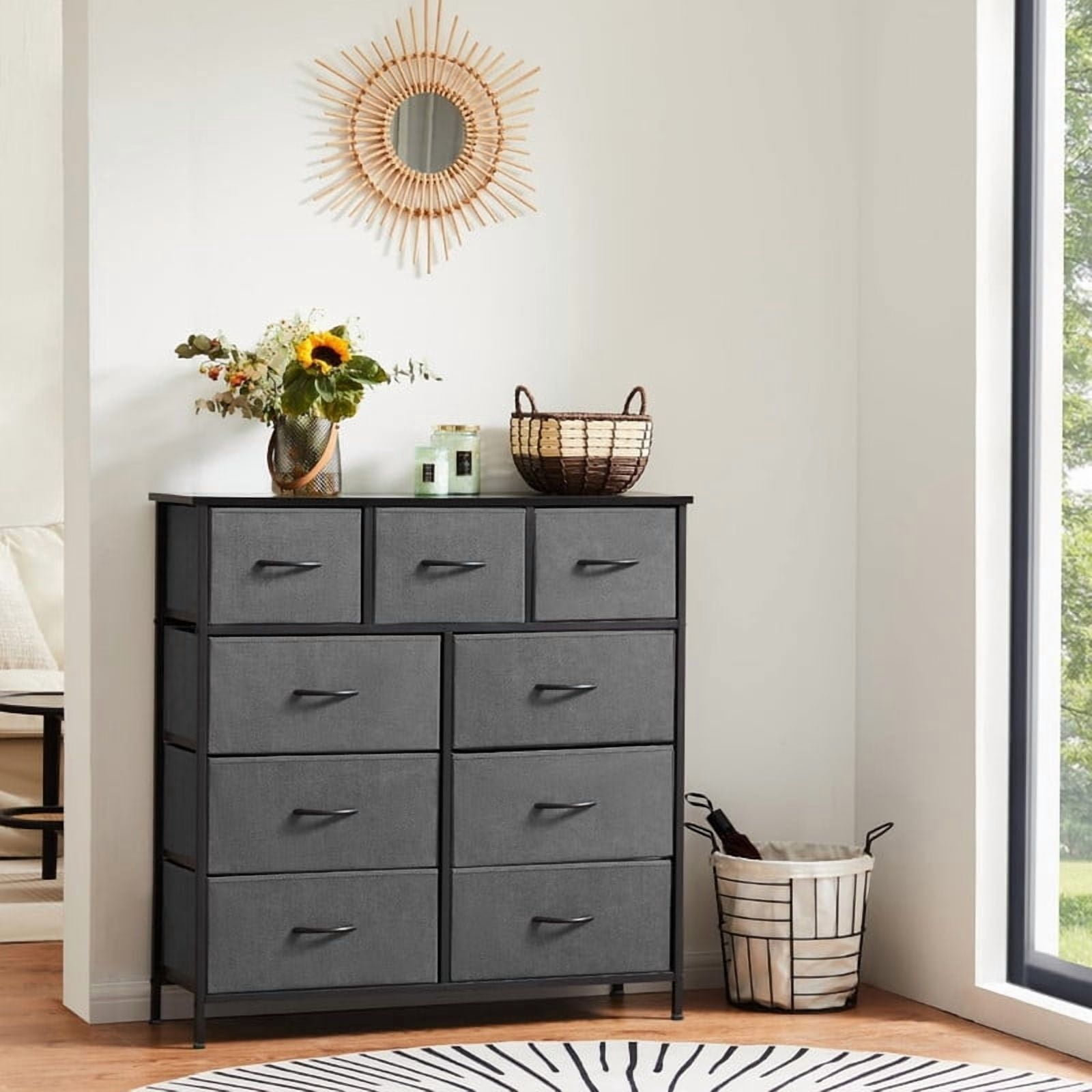 Kelno 9 Drawer Fabric Dresser Tall Storage Chest Drawer Organizer Storage Cabinet, Grey