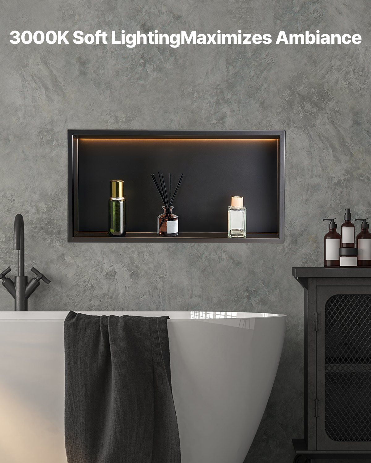 13x25x4 Inch Stainless Steel Shower Niche with LED Strip Waterproof Recessed Wall Organizer Black Bathroom Storage