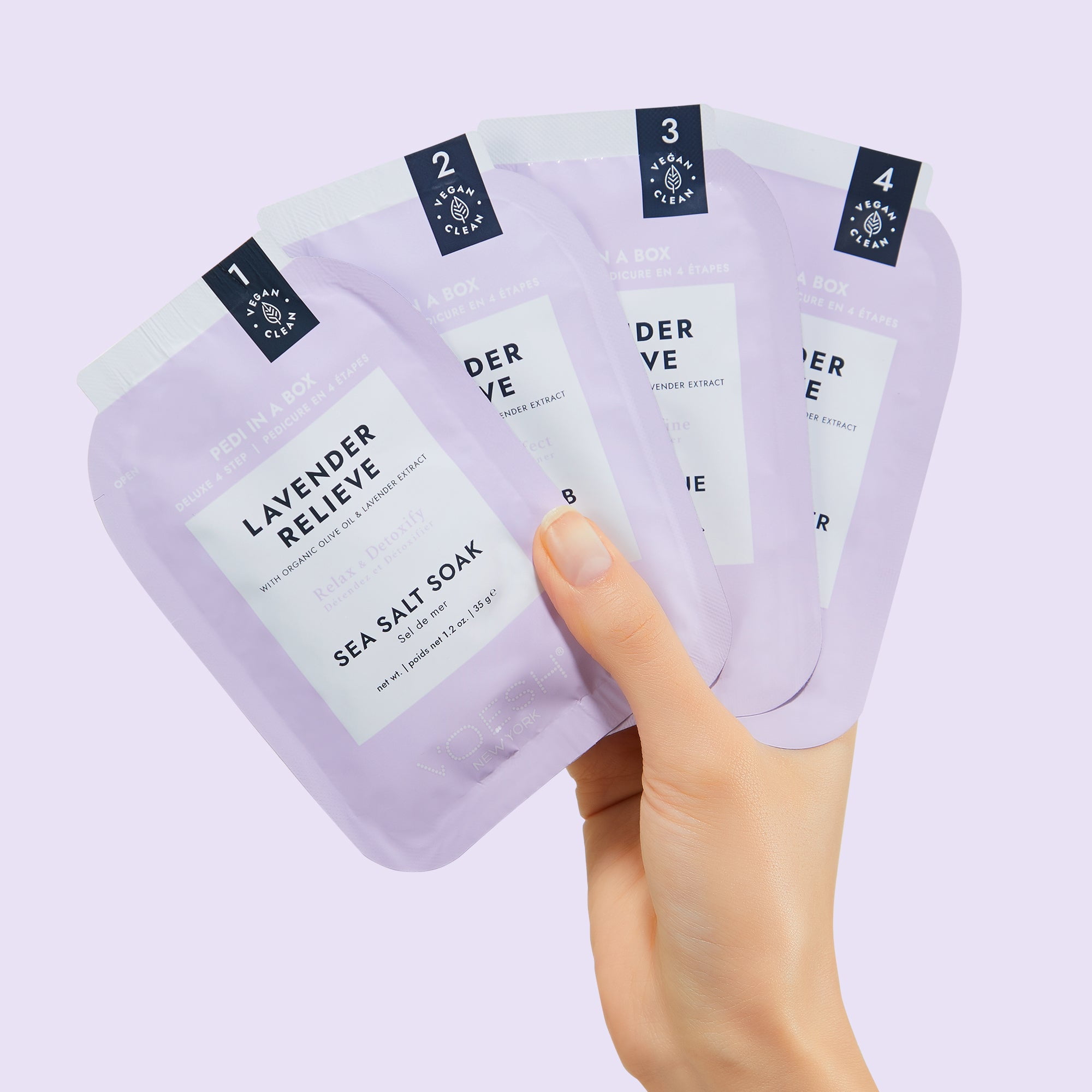 VOESH Pedi Moments 4 Step Pedicure Kit in Lavender Relieve:  Includes - Sea Salt Soak, Sugar Scrub, Mud Masque, Massage Butter and Dual Grit Nail File