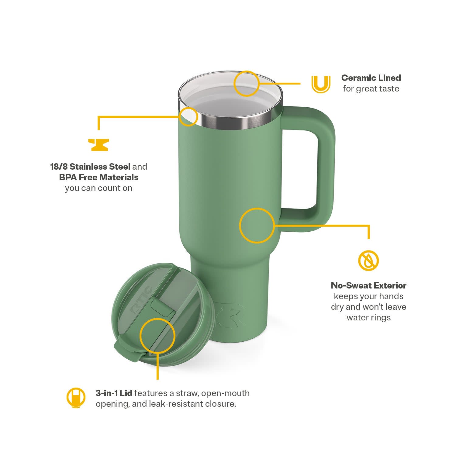 RTIC 40 oz Ceramic Lined Road Trip Tumbler with Handle and Leak-Resistant Straw Lid, Sage