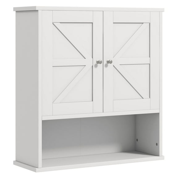 Rustic Wall Organizer: White Farmhouse Medicine Cabinet with Barn Doors & Shelf