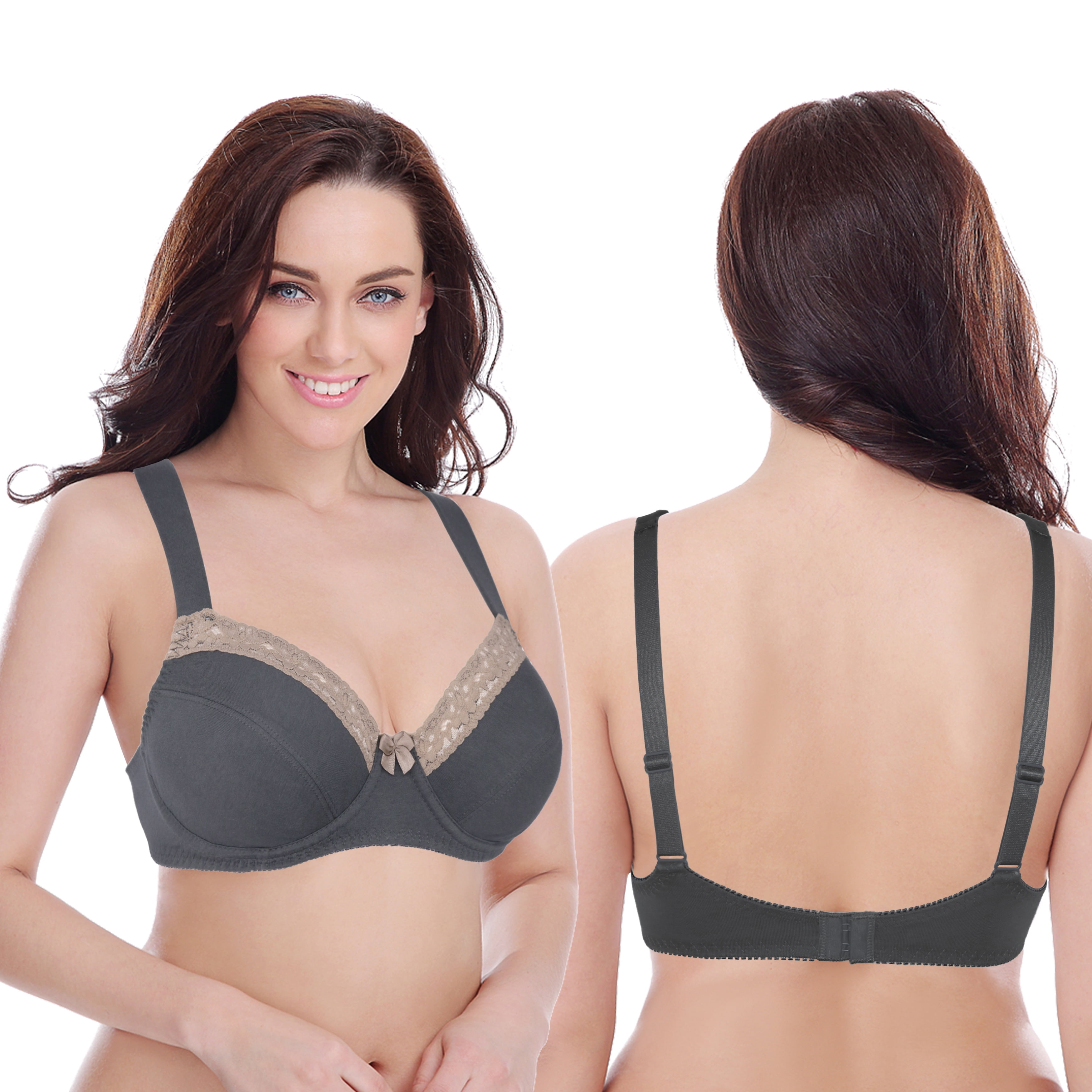 Curve Muse Women's Plus Size Underwired Unlined Balconette Cotton Bra-3Pack-DARK GRAY,LAVENDER,BLUE PRINT(3 PACK)-40DDD