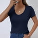 thumbnail image 4 of Camisetas Casuales de Mujer Nueva Camiseta de Manga Corta de Cuello U de Color Sólido de Verano, Poliéster, 4 of 8
