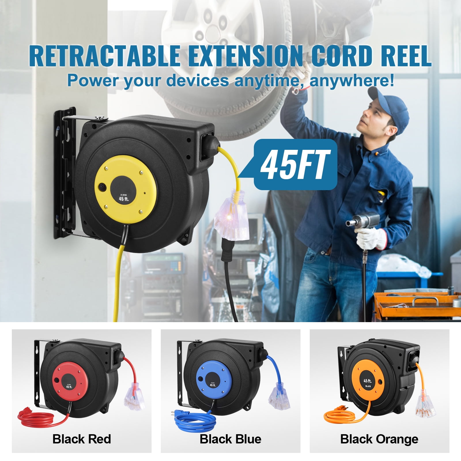 KFFKFF Retractable Extension Cord Reel, 45 FT, Durable 12AWG/3C SJTOW Power Cord with Illuminated Triple Outlet, 15 Amp Circuit Breaker, and 180° Swivel Mount for Ceiling or Wall Installation