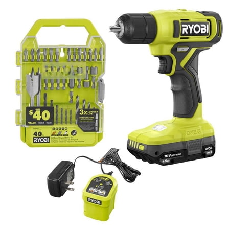 ONE  18V Cordless 3/8 in. Drill/Driver Kit with 1.5 Ah Battery, Charger, and Drill and Impact Drive Kit (40-Piece)