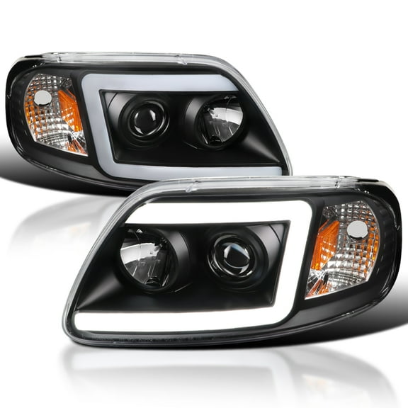 Spec-D Tuning Black Projector Headlights w/ LED Light Tube Compatible with 1997-2003 Ford F150, 2004 Ford F150 Heritage, Left   Right Pair Headlamps Assembly