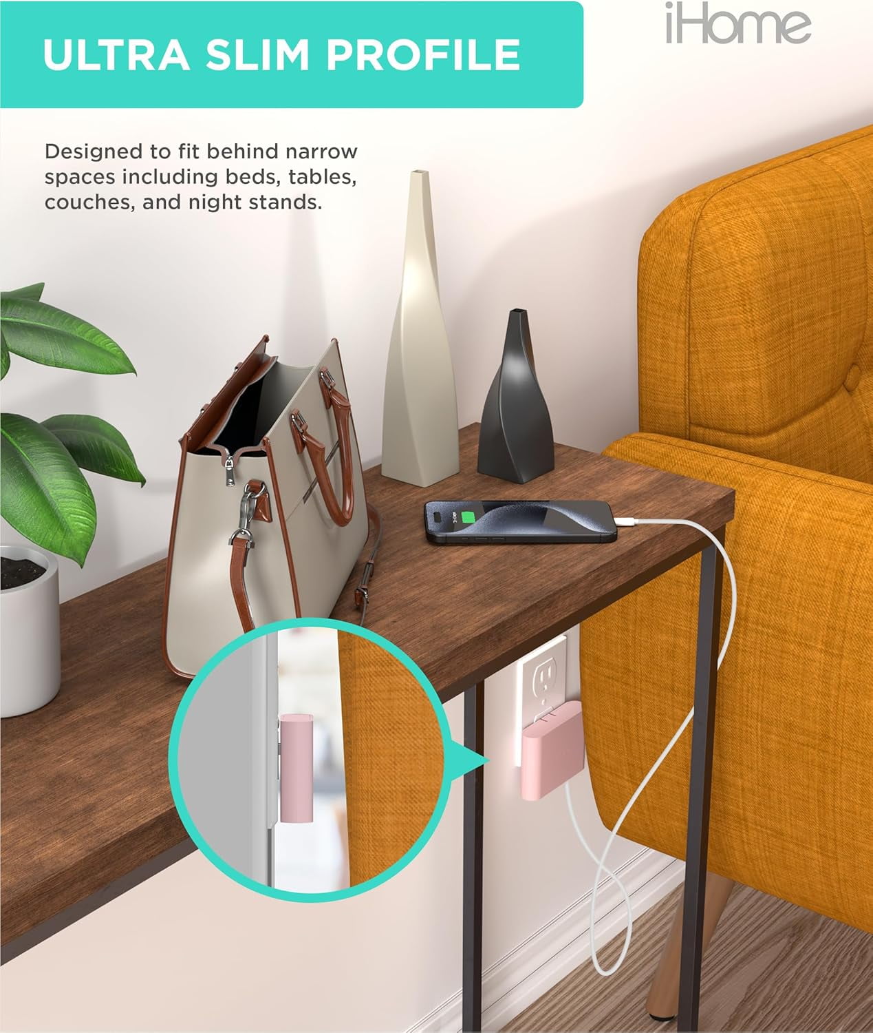 iHome Slim 4-Port USB Wall Charger, AC Pro Flat Plug Adapter, Charging Block for Home & Travel