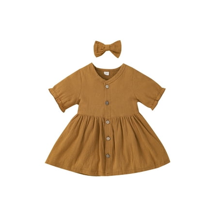 

Suanret Children Girls Summer Dress Toddlers Infants Solid Color Button Closure Short Sleeve Causal Skirt with Bow Hairpin Brown 6-12 Months